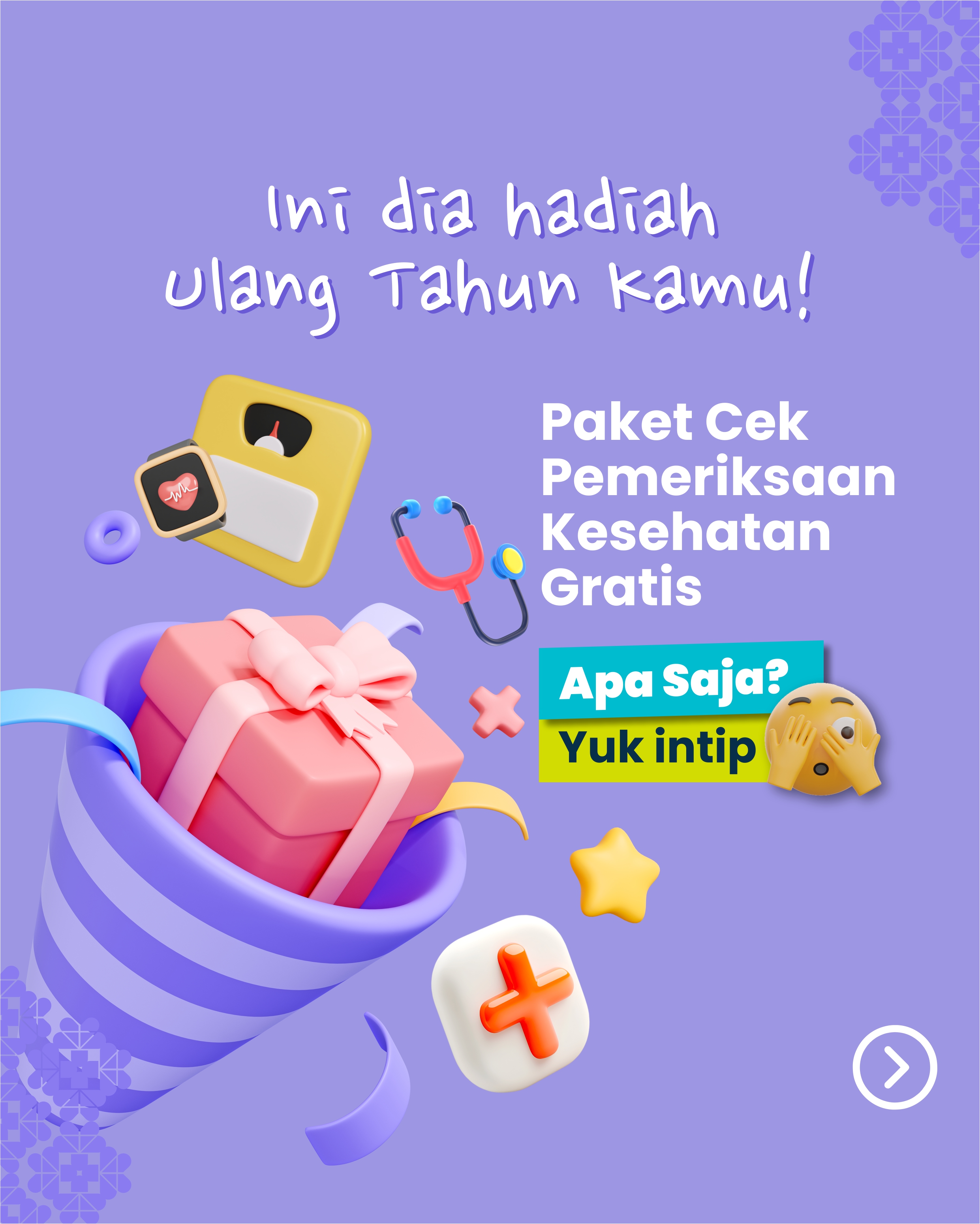 Cek kesehatan GRATIS, senilai 1,5 Juta Rupiah di Puskesmas terdekat mulai Februari 2025. Jangan sampai terlewat untuk ambil kado ulang tahunmu!
